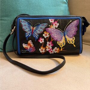Brighton Black Leather Embroidered Butterfly Crossbody Bag